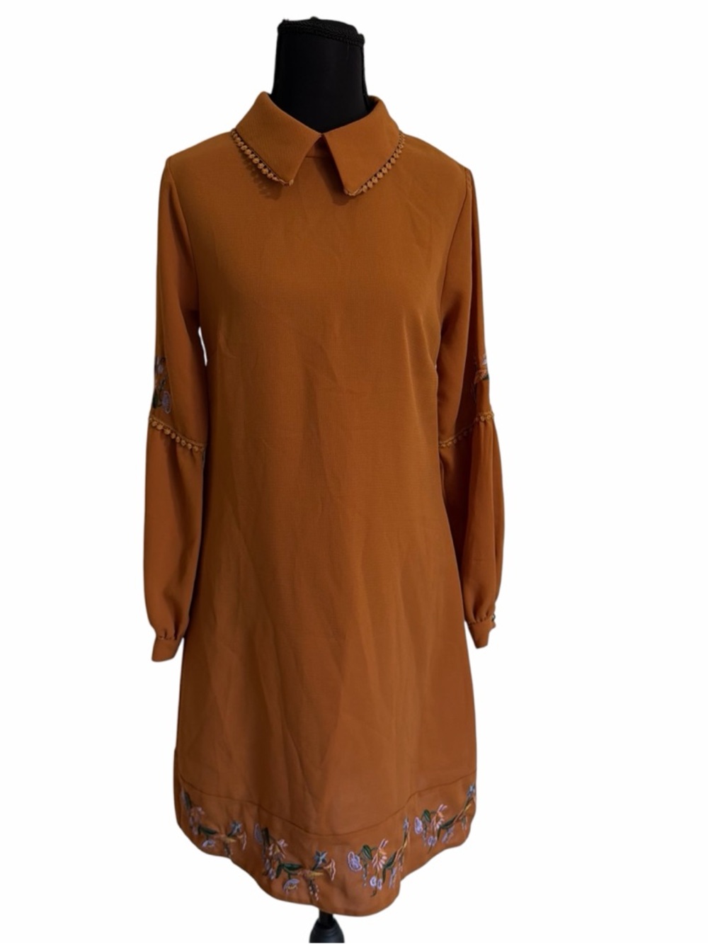Women's Embroidered Collared Shift Dress - Rust Color